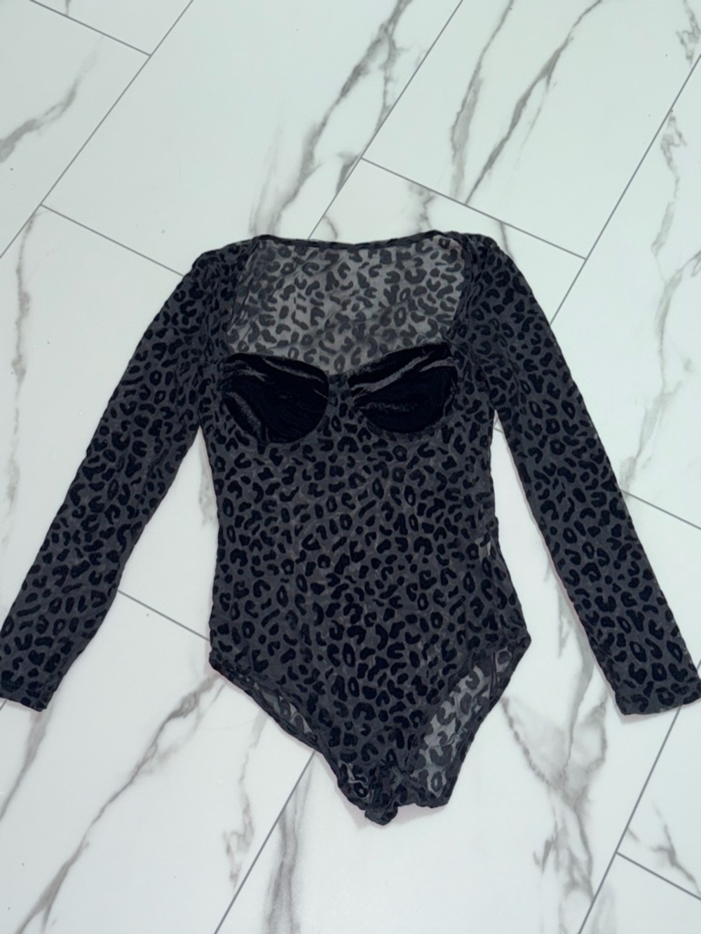JSCatalog Black Sheer Velvet Leopard-Print Long Sleeve Bodysuit